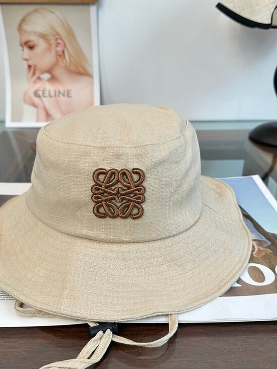 Loewe Beige Linen Anagram Embroidered Bucket Hat Adjustable Drawstring Wide Brim main image 9